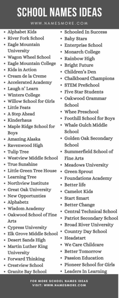 School Names Ideas [Updated in 2024] Best, Cool, Smart & Unique List Infographic